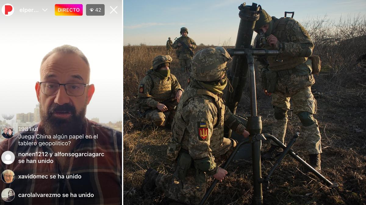 Marc Marginedas, durante su Instagram Live en el canal de EL PERIÓDICO desde Ucrania. A la derecha, soldados ucranianos en la región de Odessa.