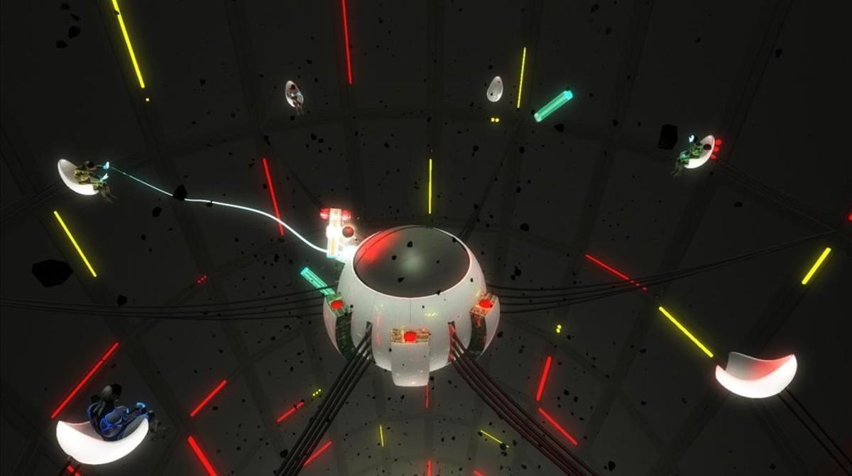 Aquí es donde creen que están los jugadores de Lostroom en un momento de su escapismo espacial: todo el equipo en formato ’cyborg’ sobre un reactor.   