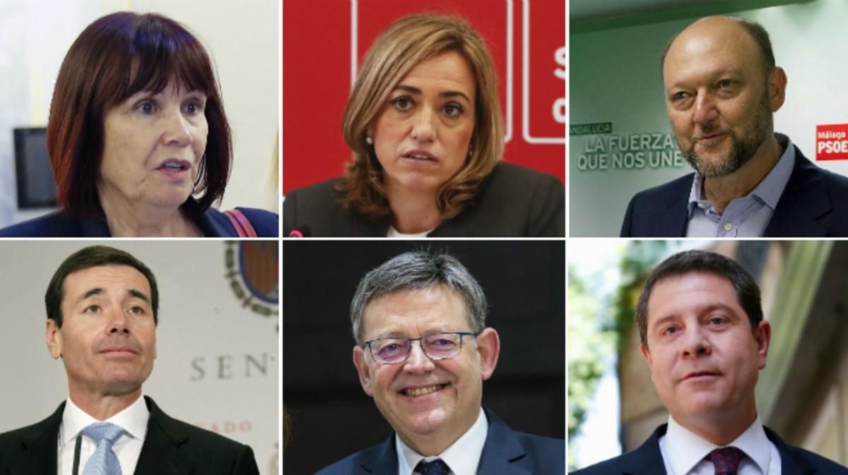 Arriba, de izquierda a derecha, Micaela Navarro, Carme Chacón y Antonio Pradas. Abajo, Tomás Gómez, Ximo Puig y Emiliano García-Page. Arriba, de izquierda a derecha, Micaela Navarro, Carme Chacón y Antonio Pradas. Abajo, Tomás Gómez, Ximo Puig y Emiliano García-Page.