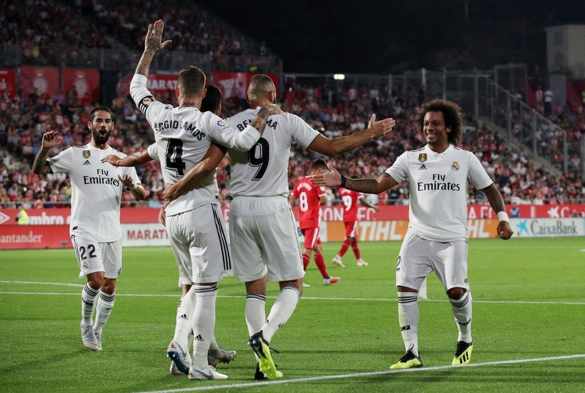 Los jugadores del Real Madrid celebran un gol ante el Girona. Los jugadores del Real Madrid celebran un gol ante el Girona.