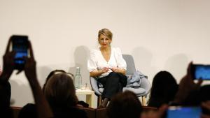 La vicepresidenta segunda, Yolanda Díaz, en la sede de CCOO de Catalunya.