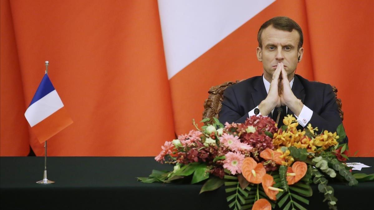 El presidente francés, Emmanuel Macron, durante la rueda de prensa conjunta con su homólogo chino, Xi Jinping, esta semana, en Pekín.