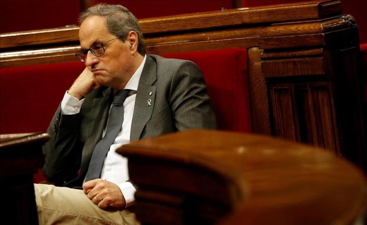 Quim Torra, durante la segunda sesión del pleno monográfico sobre la gestión de la crisis del coronavirus. Quim Torra, durante la segunda sesión del pleno monográfico sobre la gestión de la crisis del coronavirus.