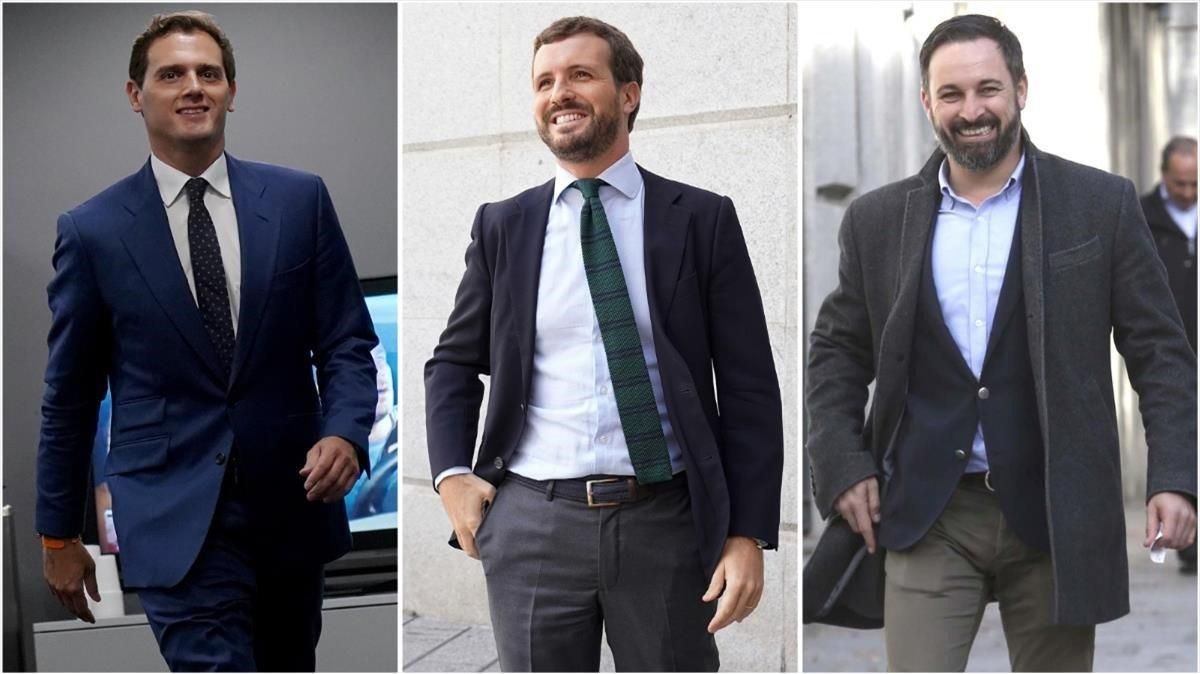 Albert Rivera (líder de Ciudadanos), Pablo Casado (PP) y Santiago Abascal (Vox). Albert Rivera (líder de Ciudadanos), Pablo Casado (PP) y Santiago Abascal (Vox).