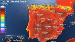 El mapa de España con las temperaturas previstas para hoy sábado, 6 de agosto, el día de más calor.