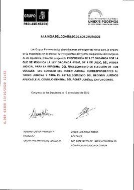 Proposición de ley de PSOE y Unidas Podemos para reformar la Ley Orgánica del Poder Judicial (LOPJ) y forzar la renovación del CGPJ. 