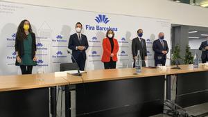 Presentación de resultados de Fira de Barcelona en el 2021, con la presidenta de la Cambra, Mònica Roca, el ’conseller’ de Empresa i Treball, Roger Torrent, la alcaldesa de BCN, Ada Colau, el presidente de Fira de BCN, Pau Relats, y el director general de Fira, Agustí Serrallonga. 