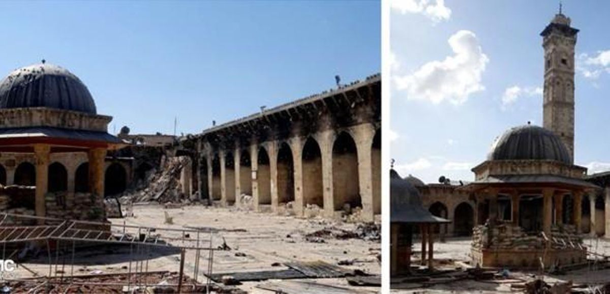 Combo de imágenes de la Gran Mezquita Olmeya de Alepo, con y sin minarete, antes y después del bombardeo de este miércoles. Combo de imágenes de la Gran Mezquita Olmeya de Alepo, con y sin minarete, antes y después del bombardeo de este miércoles.