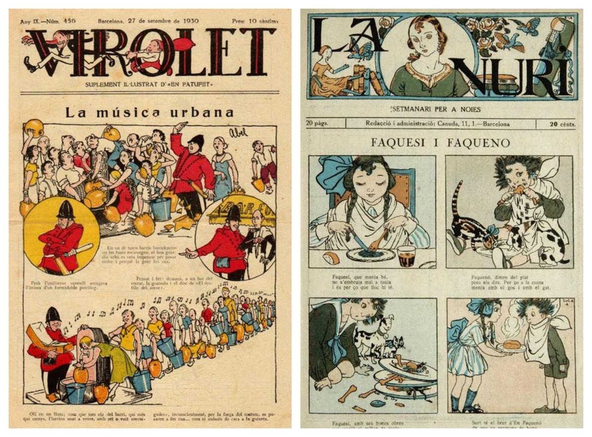 Las primeras historietistas quedaron relegadas al mundo infantil. Destacan Lola Anglada, que en este ejemplar de 1926 del semanario ‘La Nuri’ explica cómo tienen que comportarse las niñas (derecha); o Abel, el alias masculino que utilizaba Josefina Tanganelli para firmar sus obras, incluida esta portada de 1930 del ‘Virolet’.