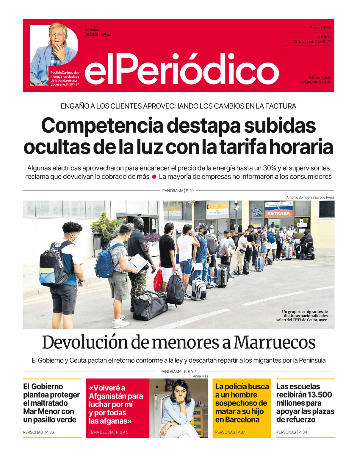 La portada de EL PERIÓDICO del 26 de agosto de 2021 La portada de EL PERIÓDICO del 26 de agosto de 2021