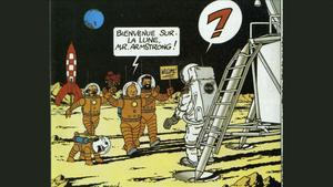 Tintín recibe a un sorprendido Armstrong recién llegado a la Luna.