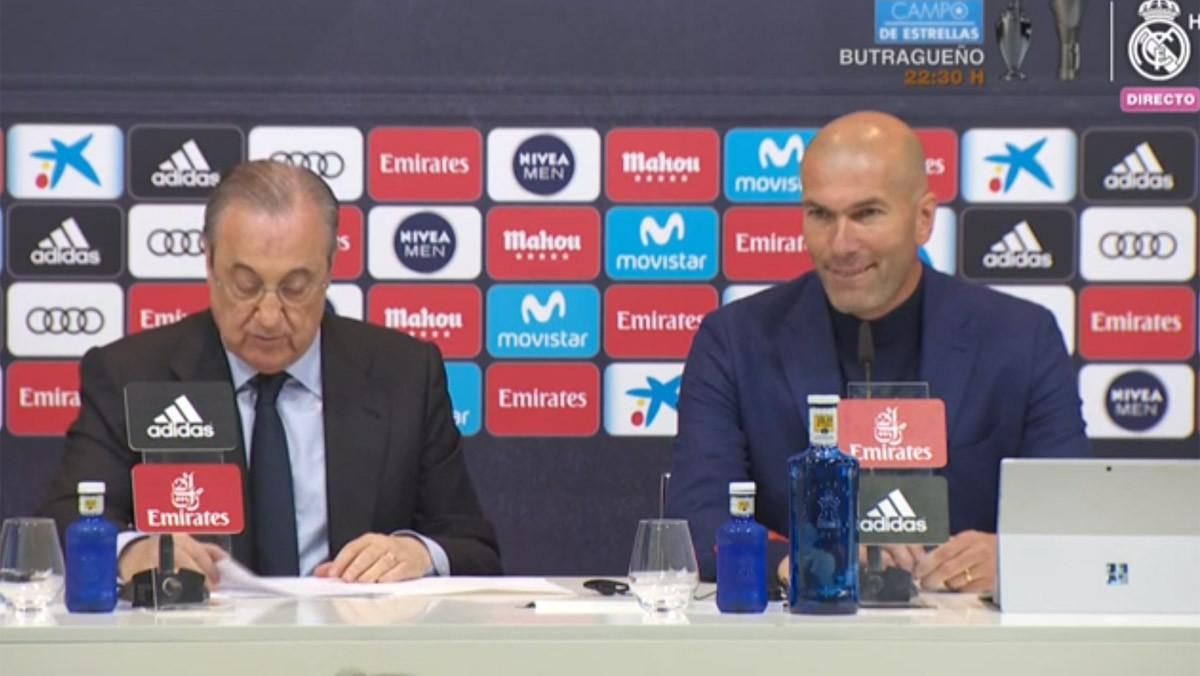Florentino Pérez y Zinedine Zidane, en la rueda de prensa en la que este último ha anunciado que deja el club. Florentino Pérez y Zinedine Zidane, en la rueda de prensa en la que este último ha anunciado que deja el club.