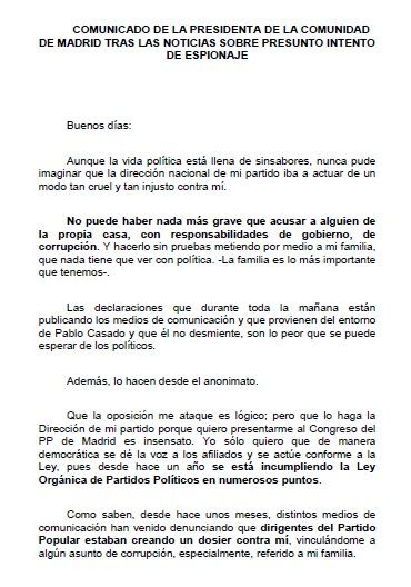 Declaración institucional de Isabel Díaz Ayuso Ayuso por el presunto espionaje del PP (17 de febrero de 2022)