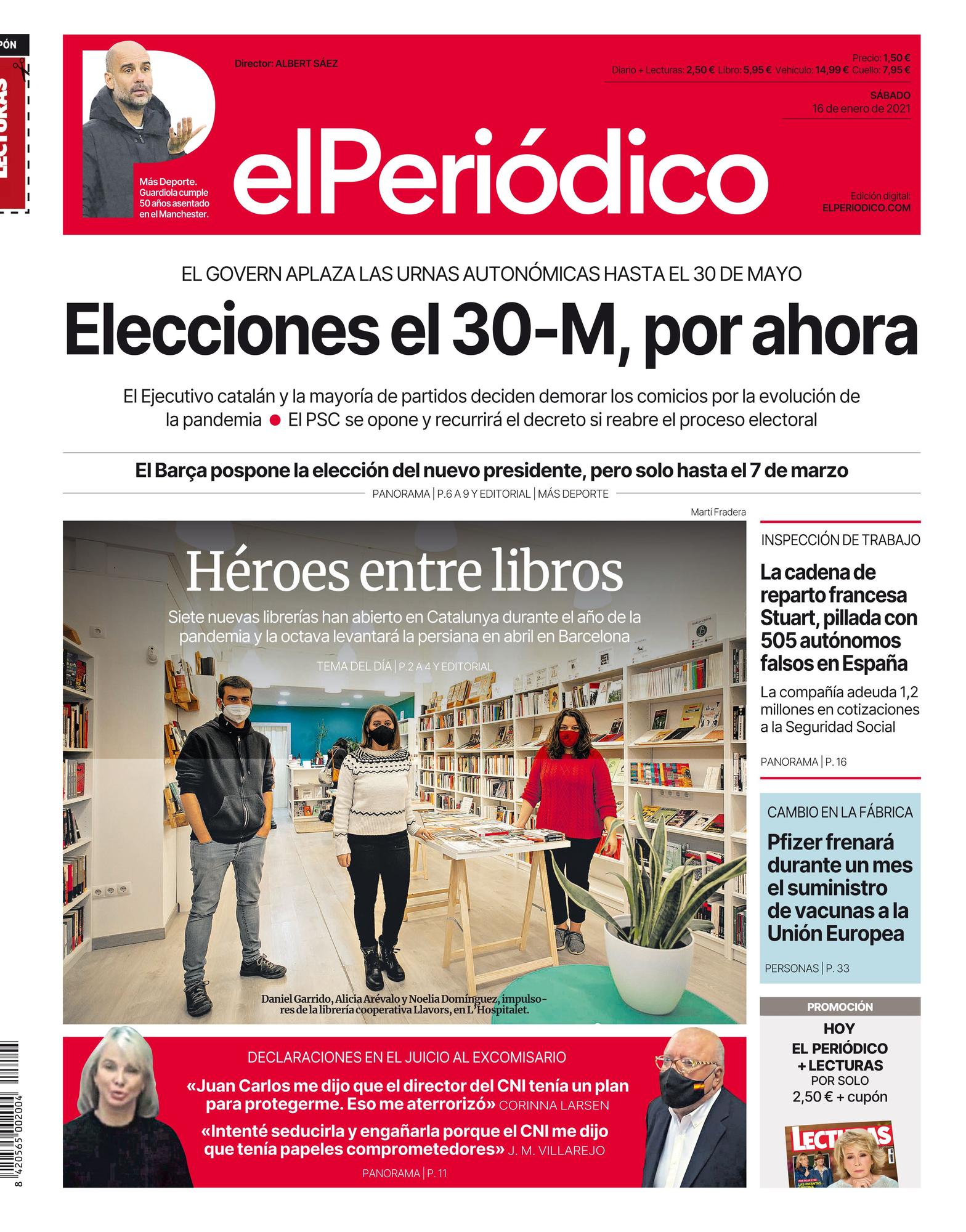 La portada de EL PERIÓDICO del 16 de enero de 2021