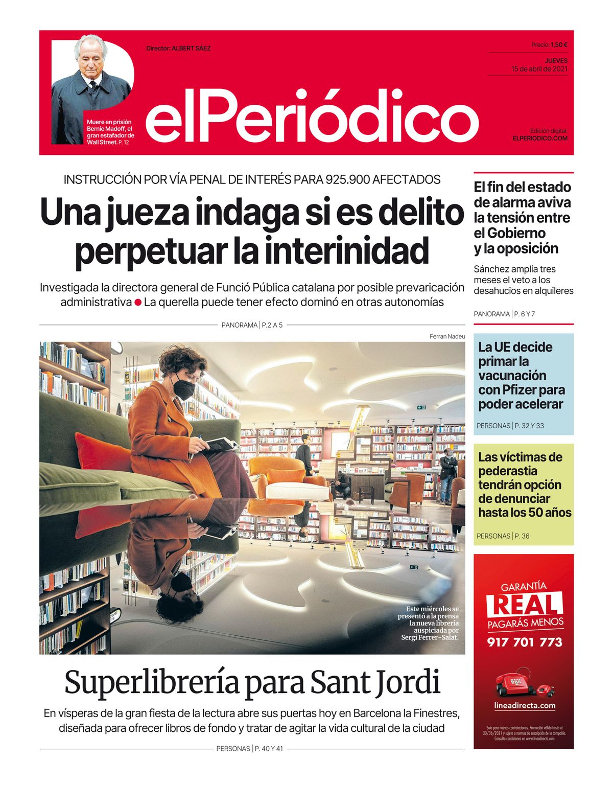 La portada de EL PERIÓDICO del 15 de abril de 2021 La portada de EL PERIÓDICO del 15 de abril de 2021