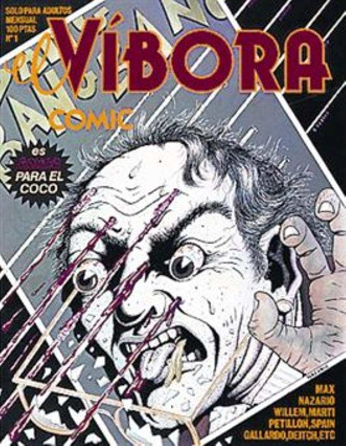 De izquierda a derecha, originales de Daniel Clowes, Yoshihiro Tatsumi, Robert Crumb y Max para portadas de ’El Víbora’ y La Cúpula; abajo, número 1 de la revista, con dibujo de Nazario.