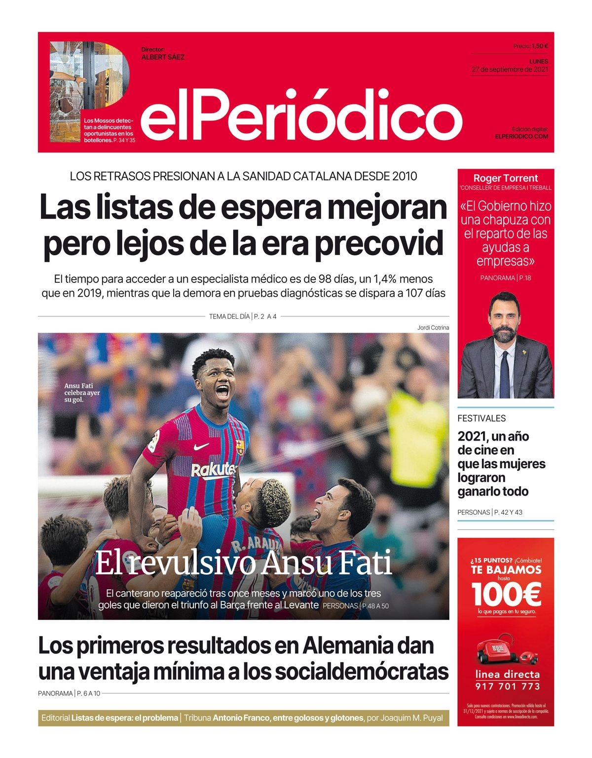 La portada de EL PERIÓDICO del 27 de septiembre del 2021 La portada de EL PERIÓDICO del 27 de septiembre del 2021