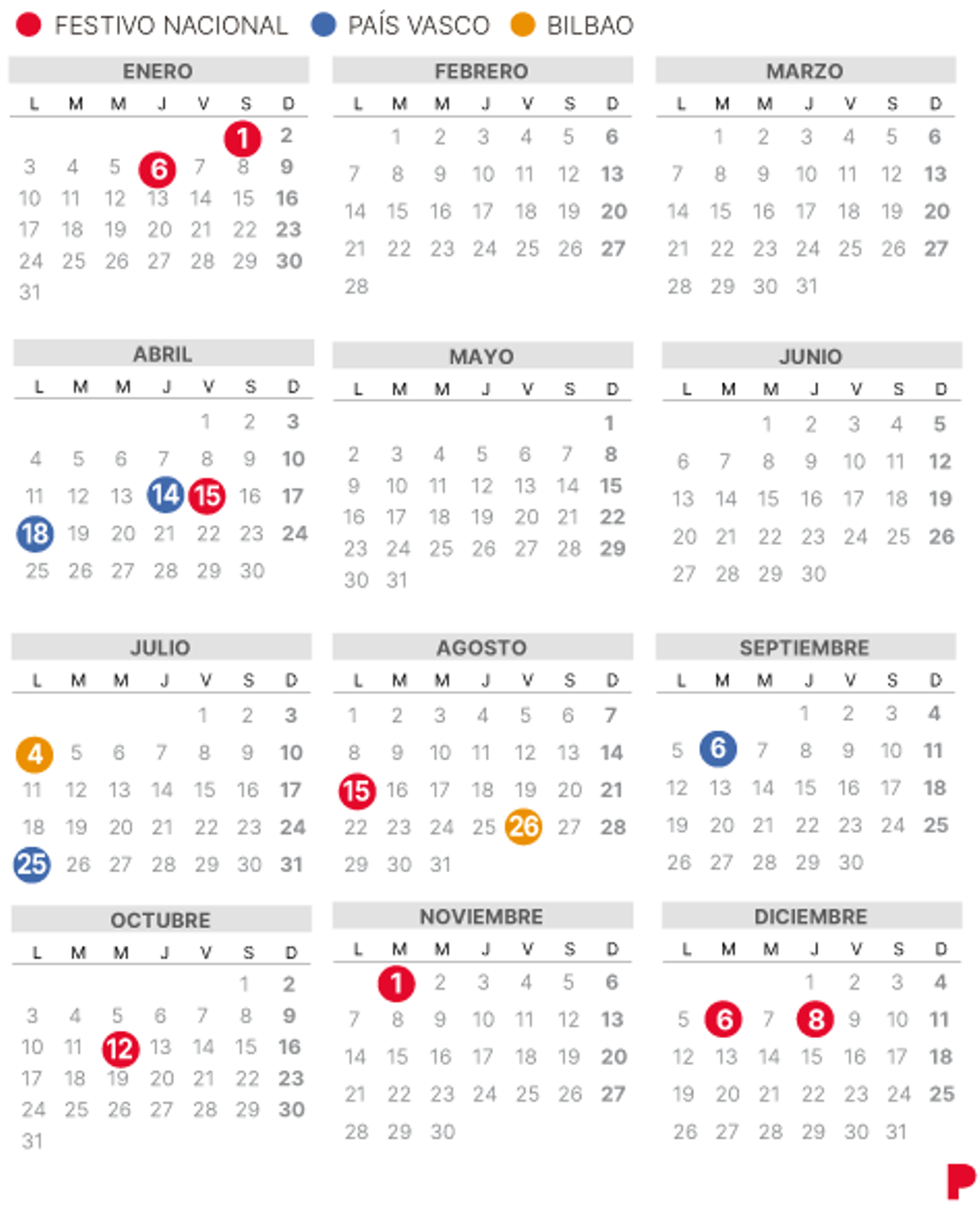 Calendario laboral de Bilbao del 2022