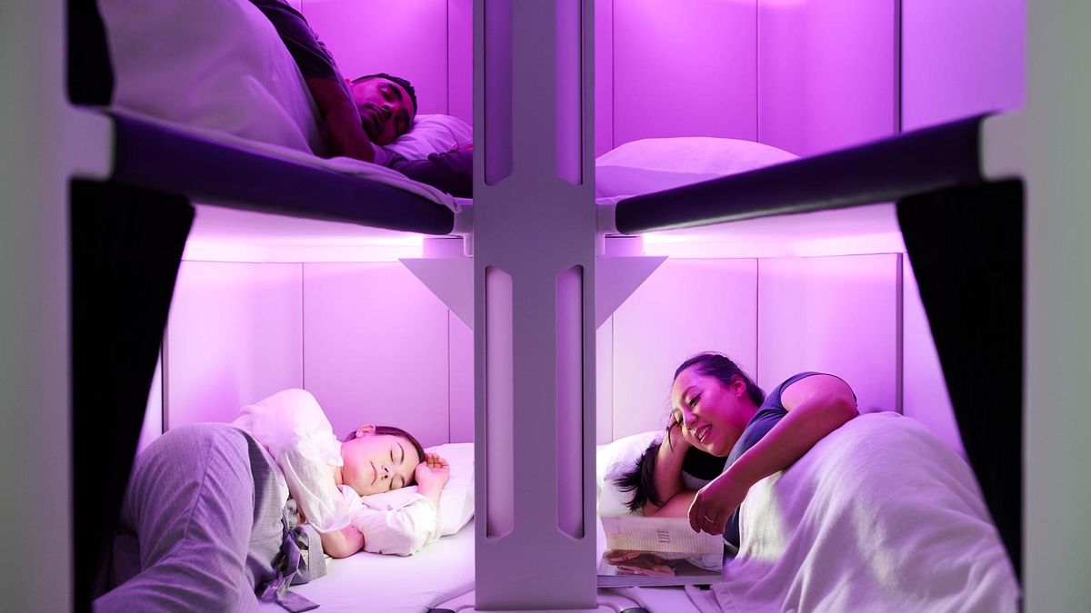 Camas literas de Air New Zealand para los viajeros de clase turista Camas literas de Air New Zealand para los viajeros de clase turista