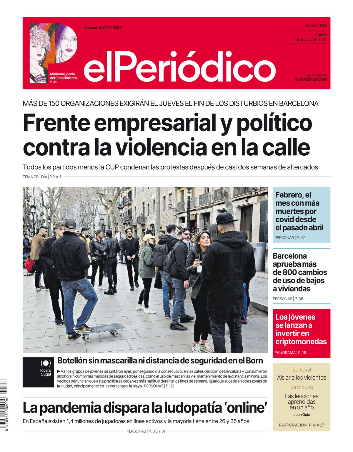 La portada de EL PERIÓDICO del 1 de marzo de 2021 La portada de EL PERIÓDICO del 1 de marzo de 2021