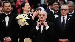 El director Martin Scorsese con los principales actores de su última película en la alfombra roja de Cannes.