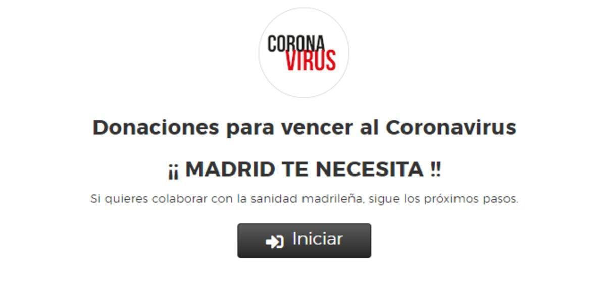 Portada de la página web de la Comunidad de Madrid para donaciones a la sanidad