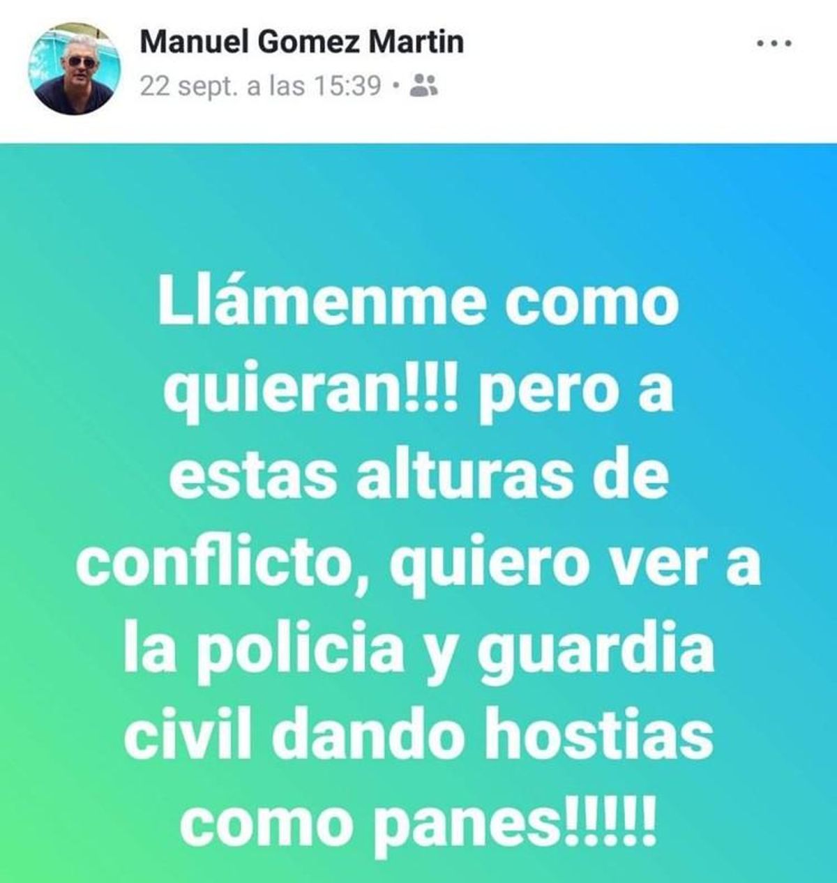 Captura de pantalla del ’post’ en Facebook del portavoz del PP en Gibraleón (Huelva) llamando a la Policía y la Guardia Civil a dar hostias como panes. Captura de pantalla del ’post’ en Facebook del portavoz del PP en Gibraleón (Huelva) llamando a la Policía y la Guardia Civil a dar hostias como panes.