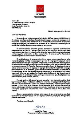 Carta de la presidenta de la Comunidad de Madrid, Isabel Díaz Ayuso, al presidente del Gobierno, Pedro Sánchez, para pedirle confinamiento por días.  