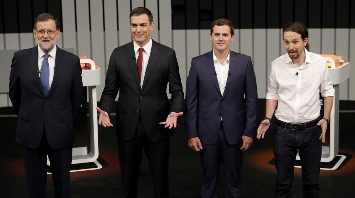 Mariano Rajoy , Pedro Sanchez, Pablo Iglesias y Albert Rivera, en el plató del debate a cuatro.