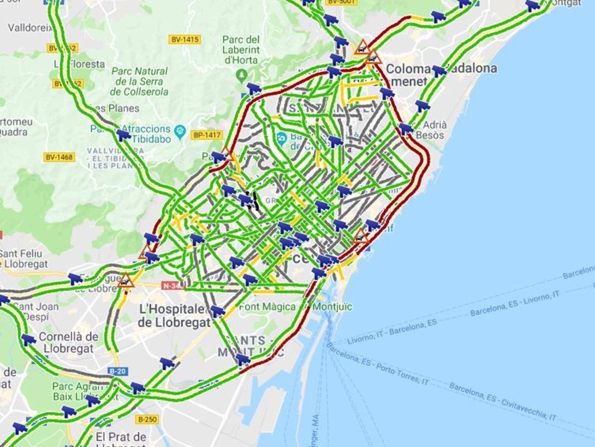 Mapa del atasco en Barcelona.