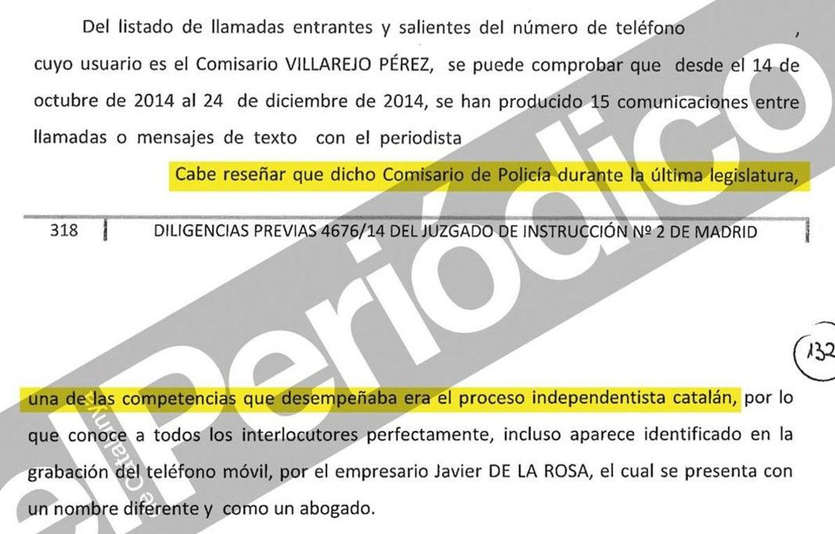 En las diligencias judiciales incluidas en el sumario de una causa derivada del ‘caso Nicolay’ -sobre una grabación a agentes del CNI-, se incluye un informe policial que sostiene que Villarejo tenía como competencia el proceso independentista catalán. En las diligencias judiciales incluidas en el sumario de una causa derivada del ‘caso Nicolay’ -sobre una grabación a agentes del CNI-, se incluye un informe policial que sostiene que Villarejo tenía como competencia el proceso independentista catalán.