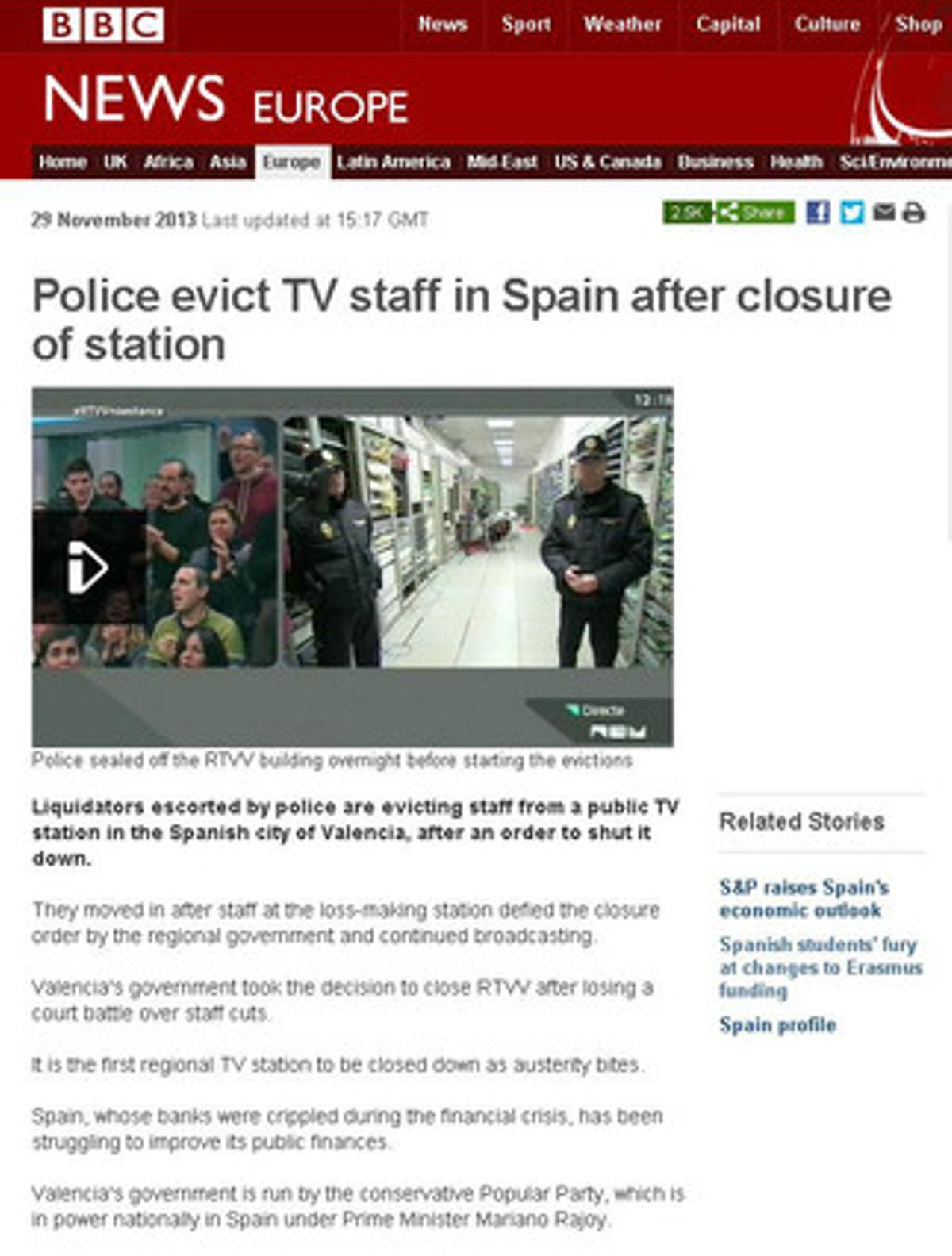 La BBC informa sobre el desalojo de los periodistas de RTVV.