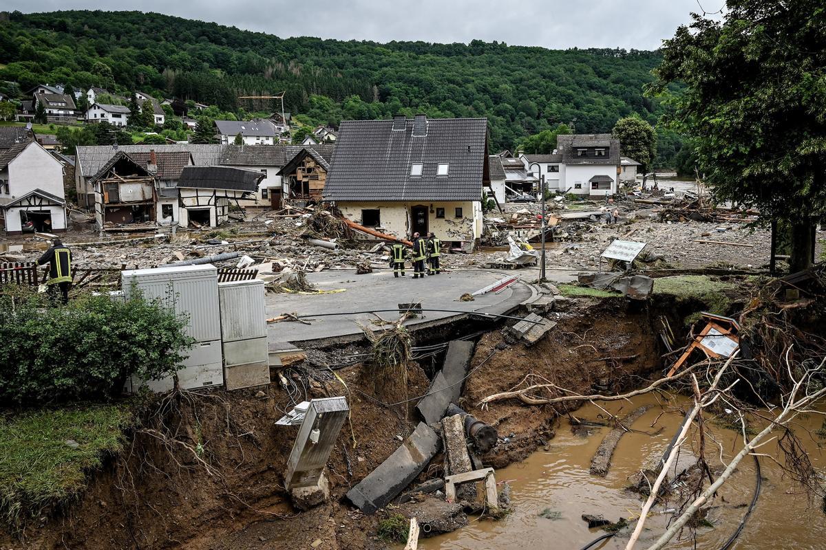 La población alemana de Schuld, en el distrito de Ahreweiler, gravemente dañada tras las fuertes lluvias y las inundaciones.