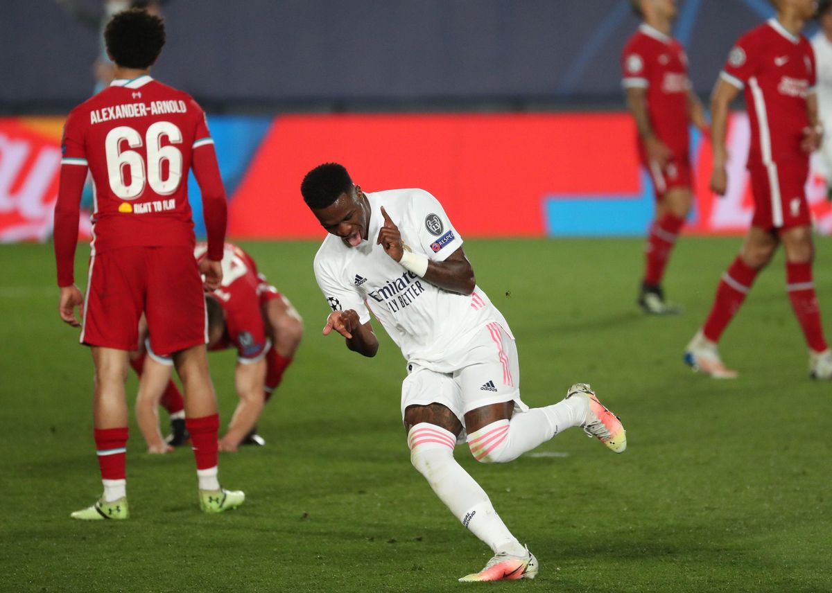 El madridista Vinicius celebra uno de sus goles ante el Liverpool. El madridista Vinicius celebra uno de sus goles ante el Liverpool.