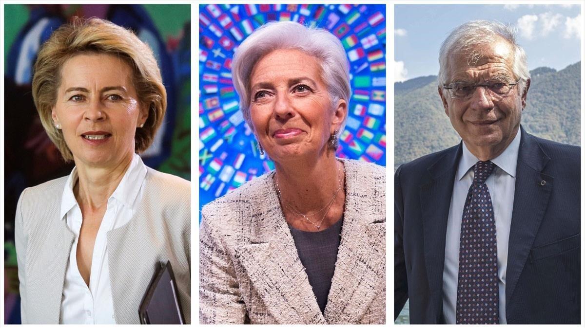 De izquierda a derecha, Ursula von der Leyen, nueva presidenta de la Comisión Europea, Christine Lagarde, presidenta del BCE, y Josep Borrell, jefe de la diplomacia europea. 