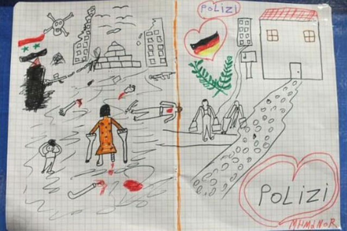 Dibujo de un niño refugiado sirio que ha enternecido a la policía de Passau (Baja-Baviera). Dibujo de un niño refugiado sirio que ha enternecido a la policía de Passau (Baja-Baviera).