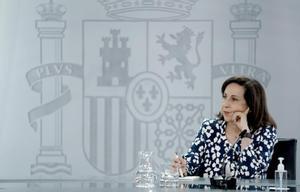 La titular de Defensa, Margarita Robles, en la Moncloa durante la rueda de prensa posterior al Consejo de Ministros de este 10 de mayo de 2022, en el que se destituyó a la directora del CNI, Paz Esteban. 
