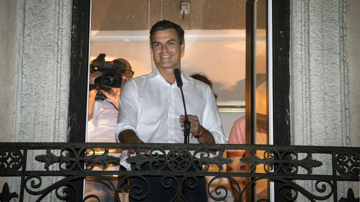 Pedro Sánchez, el 21 de maig a la seu del PSOE, després de ser proclamat vencedor de les primàries.