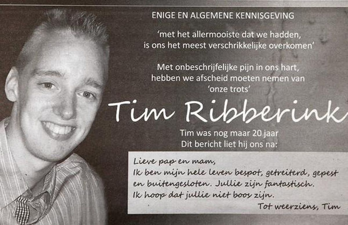 La esquela de Tim Ribberink, con parte de su carta de despedida. La esquela de Tim Ribberink, con parte de su carta de despedida.