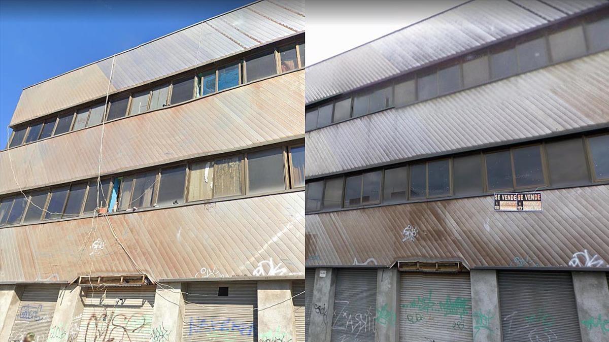 La fachada en 2019 con el cableado a la vista (izquierda) y en 2008, con el cartel de ’Se vende’.