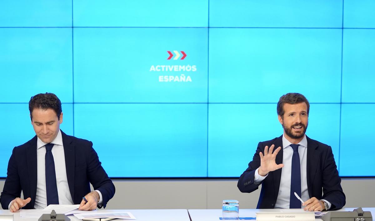 El presidente del PP, Pablo Casado, y su secretario general, Teodoro García Egea, en la junta directiva nacional del pasado 20 de agosto. 