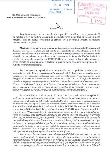 Escrito del jefe de los letrados del Congreso que avala la retirada del escaño a Alberto Rodríguez (25 de octubre de 2021)