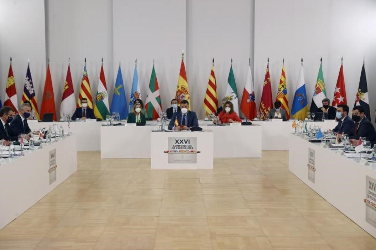 El presidente del Gobierno, Pedro Sánchez, durante su intervención en la XXVI Conferencia de Presidentes, celebrada este 13 de marzo de 2022 en el Museo Arqueológico Benahoarita de Los Llanos de Aridane, en la isla canaria de La Palma.