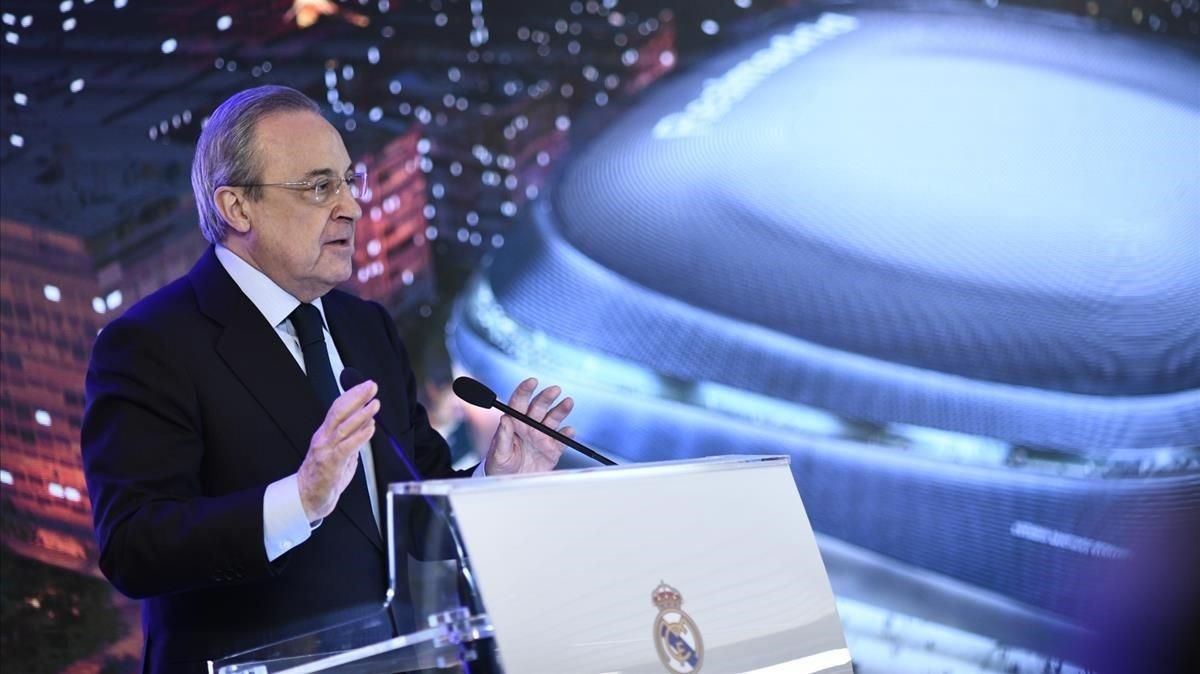 Florentino Pérez, durante la presentación de la reforma del estadio Santiago Bernabéu. Florentino Pérez, durante la presentación de la reforma del estadio Santiago Bernabéu.