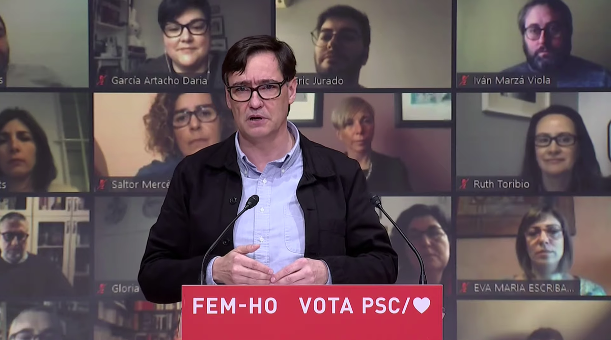 Salvador Illa, durante su intervención en el mitin celebrado por el PSC el domingo en Barcelona. Salvador Illa, durante su intervención en el mitin celebrado por el PSC el domingo en Barcelona.