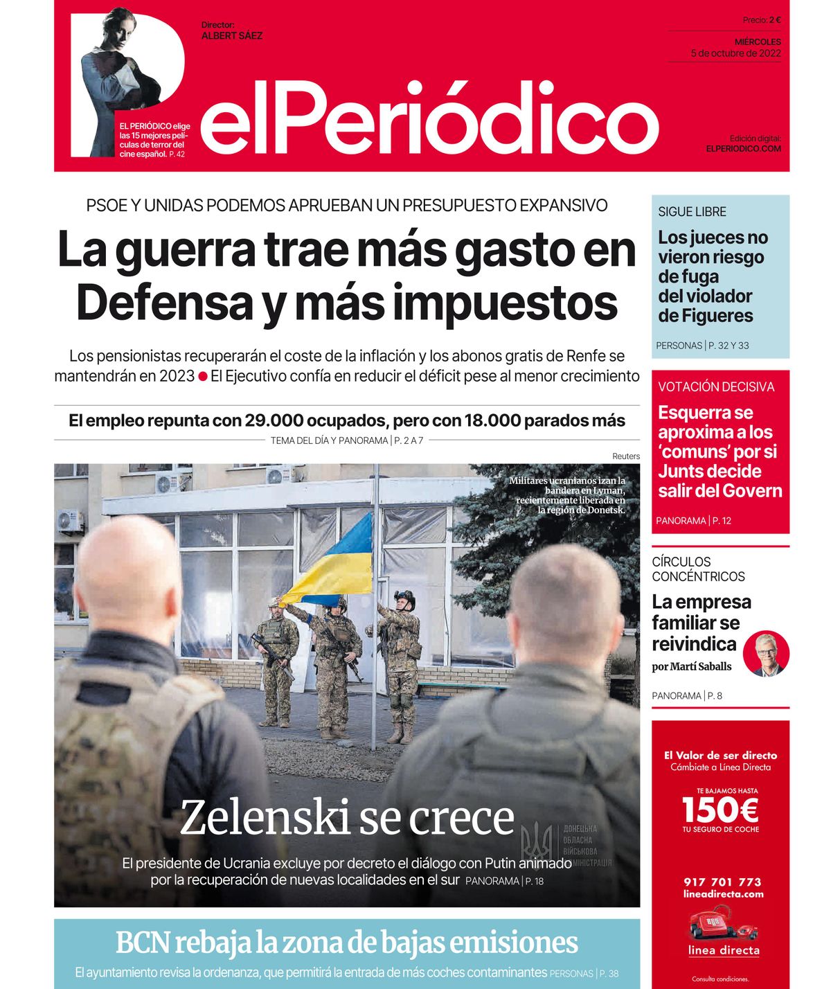 La portada de EL PERIÓDICO del 5 de octubre de 2022 La portada de EL PERIÓDICO del 5 de octubre de 2022