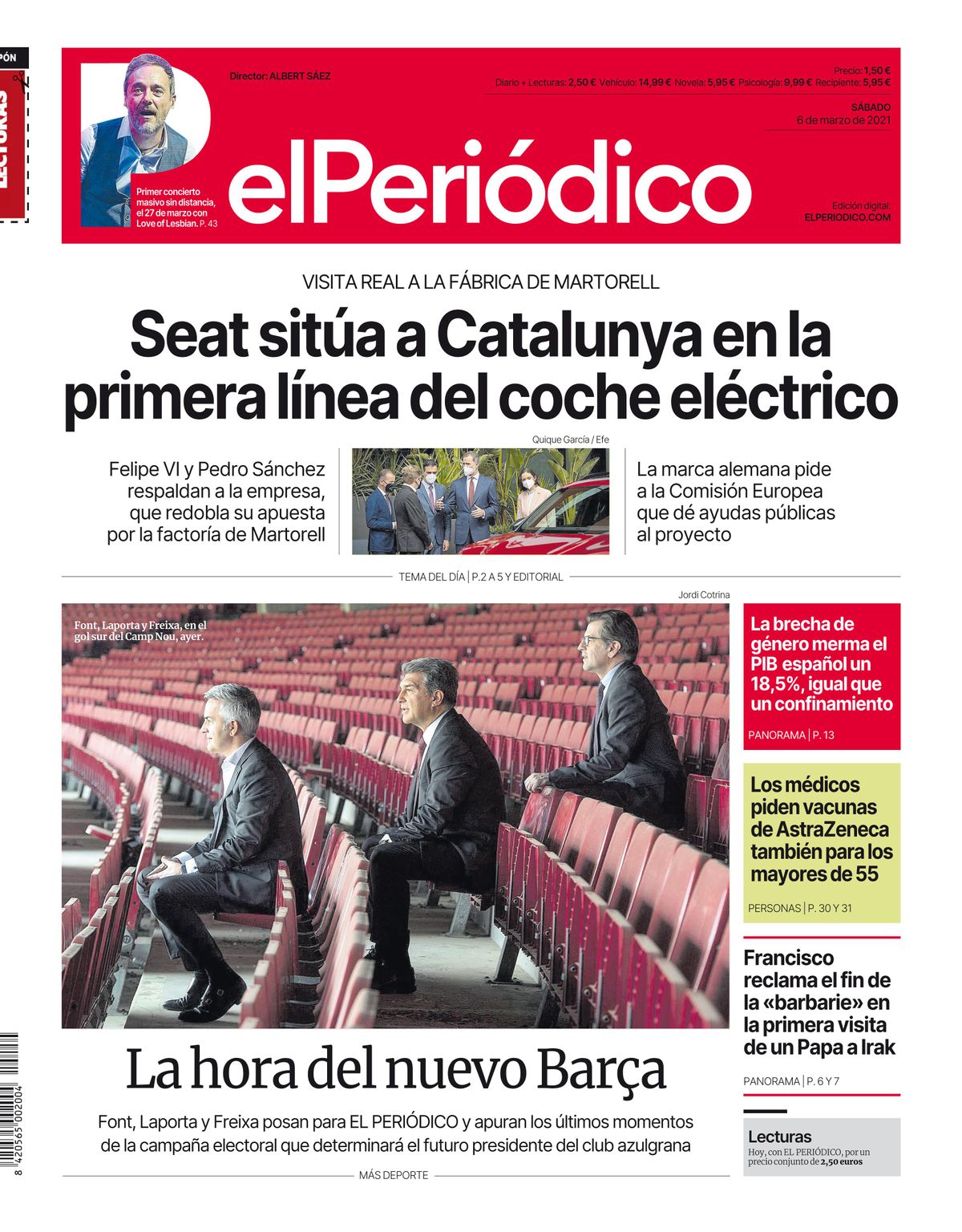 La portada de EL PERIÓDICO del 6 de marzo de 2021 La portada de EL PERIÓDICO del 6 de marzo de 2021