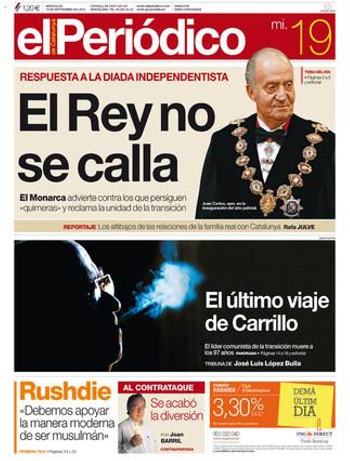 Portada de EL PERIÓDICO DE CATALUNYA. Portada de EL PERIÓDICO DE CATALUNYA.