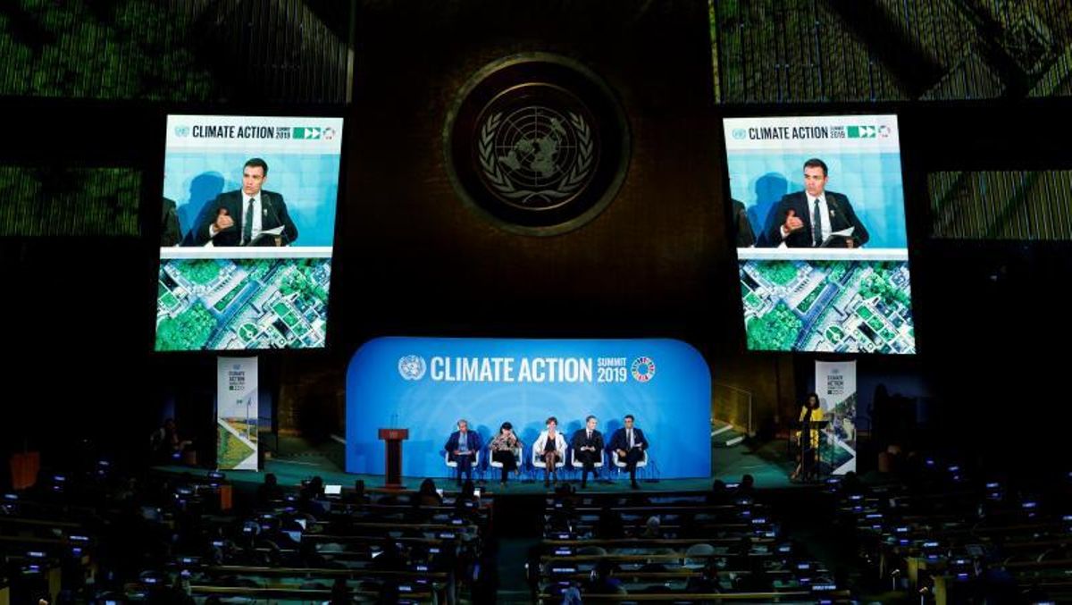 El presidente del Gobierno, Pedro Sánchez, durante su intervención en el panel ’Climate Action’, en el marco de la apertura del 74º periodo de sesiones de la Asamblea General de Naciones Unidas, el 23 de septiembre de 2019. El presidente del Gobierno, Pedro Sánchez, durante su intervención en el panel ’Climate Action’, en el marco de la apertura del 74º periodo de sesiones de la Asamblea General de Naciones Unidas, el 23 de septiembre de 2019.
