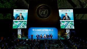 El presidente del Gobierno, Pedro Sánchez, durante su intervención en el panel ’Climate Action’, en el marco de la apertura del 74º periodo de sesiones de la Asamblea General de Naciones Unidas, el 23 de septiembre de 2019.